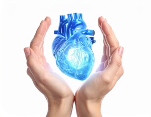 Pair of hands gently cradles a vibrant blue anatomical heart model, representing vital health protection and advanced medical technology.
