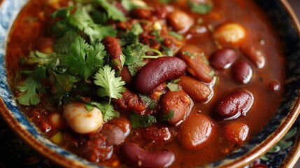 A vibrant bowl of lobio bean stew, topped with fresh cilantro, highlights the rich textures and colors of this delicious dish, ideal for food lovers and culinary presentations