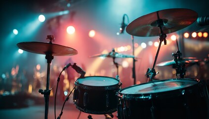 The Energy of Live Music with a Dynamic Drum Set on Stage, Perfect for Music Lovers and Event Promotions, Feel the Rhythm and Excitement Tonight