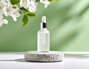 Sleek frosted glass dropper bottle with natural serum stands on a stone base, highlighted by white blossoms and soft green leaves in gentle light.