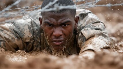 Soldiers engage in a challenging training exercise, crawling through mud and under barbed wire. The demanding environment tests their strength and determination during this essential military drill - Powered by Adobe