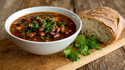 A hearty bean stew in a white bowl, topped with vibrant herbs, sits next to a slice of crusty bread on a wooden surface, creating a cozy dining atmosphere