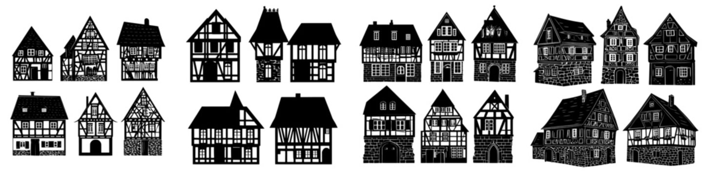 In a traditional German village, old half-timbered houses showcase medieval European architecture, now reimagined as a modern cartoon set of fachwerk cottages with stone and timber facades isolated