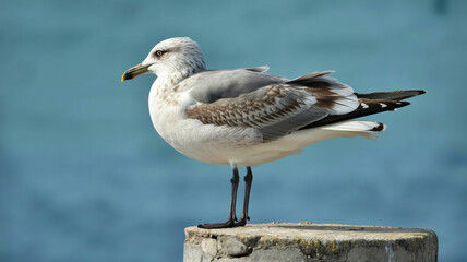 Elegant seagull perched on weathered stone, observing the vast ocean with keen eyes, a symbol of freedom and coastal serenity.