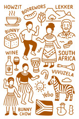 South Africa Doodle Culture Illustration Set – Traditional People, Music, Dance, Food, and Symbols