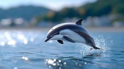 Fototapeta premium A sleek, elegant dolphin bursting out of the tranquil, sun-d d ocean, creating a magnificent splash as it gracefully jumps through the waves.
