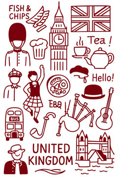 Hand Drawn United Kingdom Icon Set &ndash; British Landmarks, Culture, Food and Travel Elements