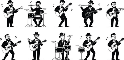 Cartoon musician character illustrations playing guitar, drums, acoustic, electric, performance poses, musical notes, entertainment, band artwork design sequence