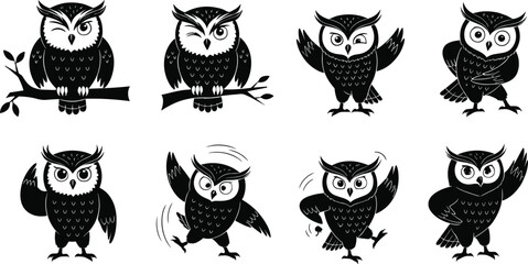 Cartoon owl character, funny owl illustration, expressive owl poses, owl saluting, owl dancing, owl winking, owl mascot design, animal vector artwork