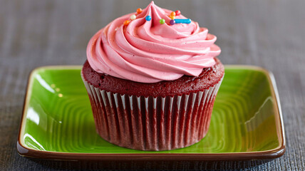 Indulge in a decadent red velvet cupcake with swirls of creamy pink frosting and festive sprinkles, perfect for celebrations or sweet treats.