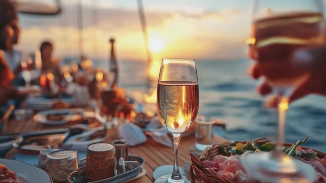 Luxury Sailing Celebration: A stunning sunset casts its golden glow on an elegant yacht party, showcasing a curated gourmet meal and raised wine glasses.