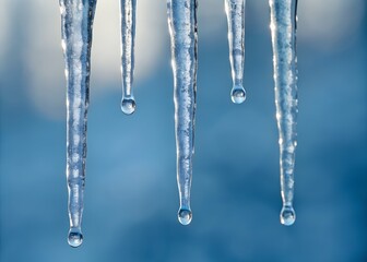 Close-up view of three icicles, showcasing intricate textures and translucent qualities against a pale blue backdrop.