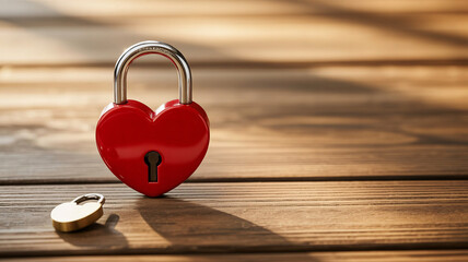 Vibrant red heart padlock symbolizing love's enduring security beside a smaller unlocked golden lock on rustic wooden surface