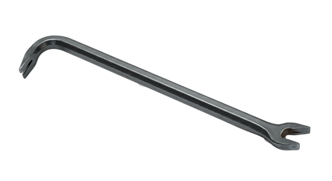 Versatile Steel Pry Bar with Claw and Wrench Ends Isolated on White Background for Construction, Demolition, and Carpentry Projects