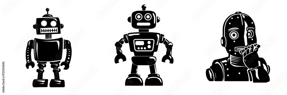 Poster modern cartoon illustration of a stock robot soldier isolated on a background, representing the deve