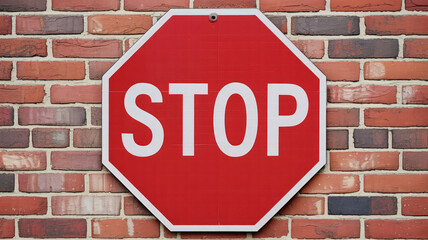 Bold red stop sign commands attention against textured brick wall, conveying urgency and clear direction for traffic control and safety