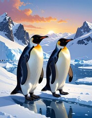 Two penguins on ice at sunrise