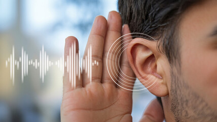 Man cupping ear attentively listening to sound waves and audio equalizer, symbolizing communication and information gathering
