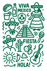 Mexico Culture Illustration Set – Traditional People, Music, Dance, Food, and Symbols