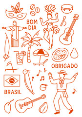 Brazil Culture Illustration Set &ndash; Traditional People, Music, Dance, Food, and Symbols
