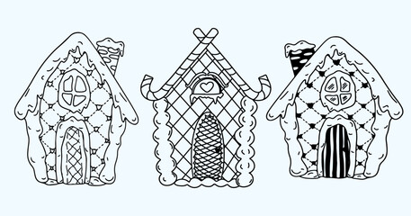 Set of Christmas gingerbread houses hand drawn in doodle style.