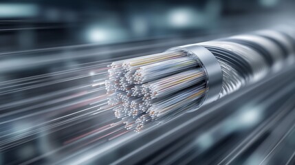 Fiber Optic Cable with Glowing Light Signals Expressing High‑Speed Transmission, Connectivity and Digital Flow, Abstract Visualization of Communication, Technology and Global Information Exchange