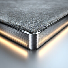 A detailed close-up of a brushed metal edge with a granite surface, illuminated by a warm glow, showcasing industrial design, strength, and modern architectural details.
