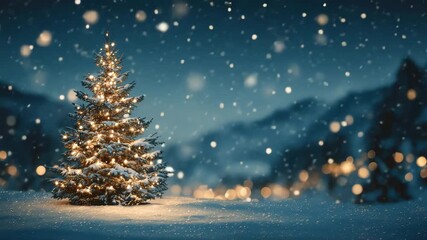 A charming Christmas tree stands tall in a snowy setting, adorned with bright lights. Snowflakes gently fall, creating a serene winter atmosphere, ideal for the holiday season
