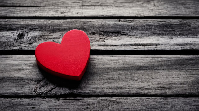 Bold red heart shape resting on weathered rustic wooden planks creating a timeless symbol of love, passion, and affection