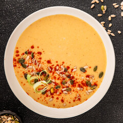 cream soup pumpkin first course vegetables dish natural product tasty snack fresh delicious gourmet food background on the table rustic top view copy space keto and paleo diet vegan and vegan food
