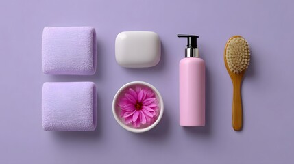 Naklejka premium Collection of soothing bath and beauty essentials, including soft towels, natural soap, moisturizing lotion, and a calming flower, creating a tranquil spa-like atmosphere.