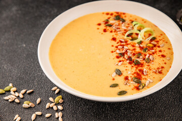 cream soup pumpkin first course vegetables dish natural product tasty snack fresh delicious gourmet food background on the table rustic top view copy space keto and paleo diet vegan and vegan food