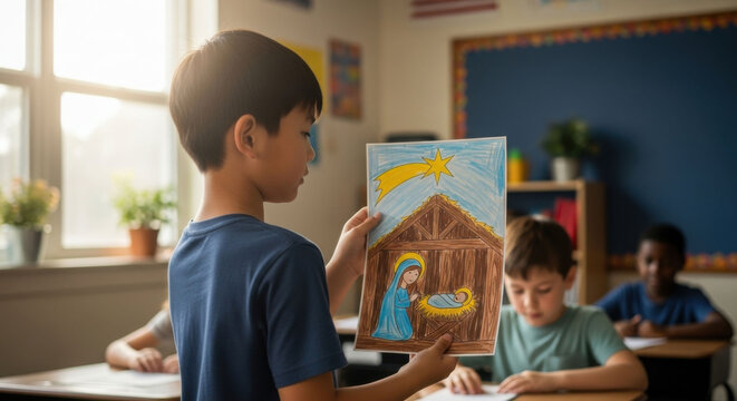 Kid showing a Nativity scene drawing. Christmas craft activity for Sunday school education. Children illustrating Christian concepts. - Powered by Adobe