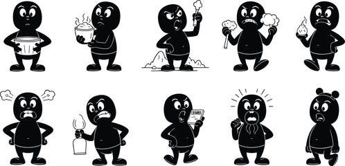 Cartoon silhouette character illustrations showing emotions, anger, sadness, surprise, power, props, ice cream, SMS, creative artwork design sequence