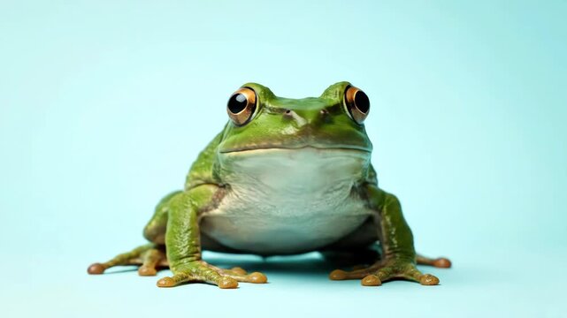 A green frog sits against a blue backdrop facing the viewer with its large round eyes and prominent body