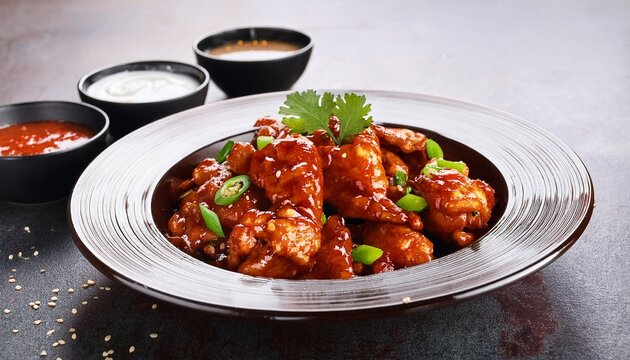 spicy indo chinese chilli chicken with sauces