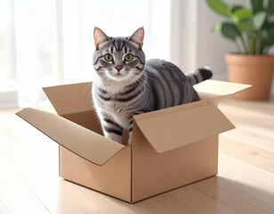 Cute furry tabby pet resting peacefully inside an open cardboard box, warm indoor lifestyle with soft focus background.