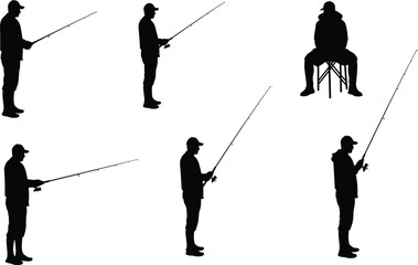 Obraz premium Fishing silhouettes, recreational angling, standing fisherman, seated fishing, fishing rod posture, outdoor sport, human gesture, lifestyle hobby, activity illustration