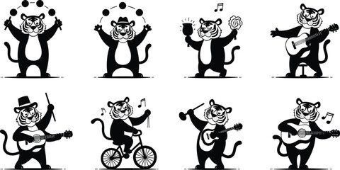 Naklejka premium Cartoon tiger character, funny tiger illustration, musical tiger artwork, tiger playing guitar, tiger juggling balls, tiger riding bicycle, circus tiger, entertainment design