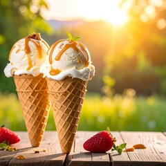Two scoops of ice cream in cones