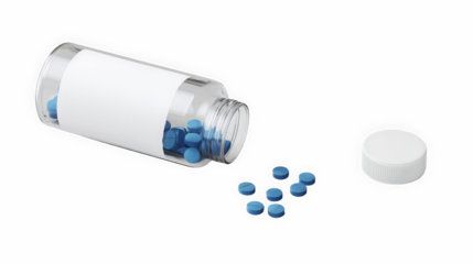 Clear bottle with blue pills scattered on black background