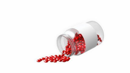 Red capsules spilling from bottle with open lid