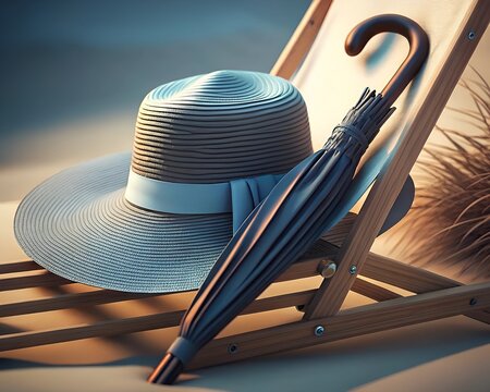 Summer straw hat and umbrella resting on beach chair at sunset  