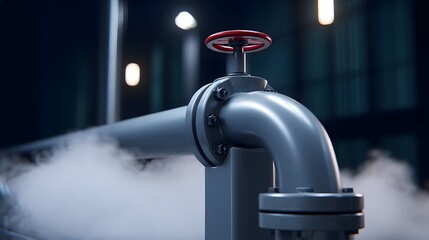 Close-up view of a metallic industrial valve with a red handle, releasing steam and smoke in a dark, futuristic-looking setting