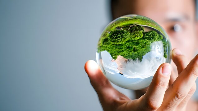 Green earth in crystal ball held by a man with a blurred background behind him