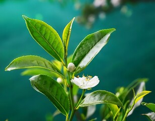 Obraz premium lush green foliage and tiny white flowers of a tea plant branch offer a close up view of natural beauty