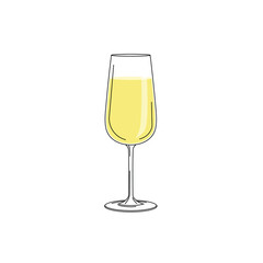 Glass with white wine. Flat modern design with black outlines. Bar, wine menu design element in minimalistic style. Vector illustration isolated on white.