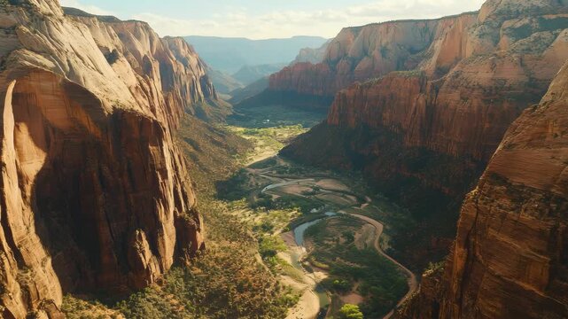 Experience breathtaking aerial views of majestic canyons and lush valleys as sunlight casts warm tones over the park landscape