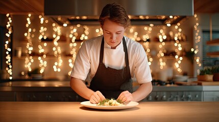 Dreamy visual theme - Chef Perfectly Garnishes a Dish in a Modern Restaurant Kitchen with Ambient Lighting - surreal emotional atmosphere