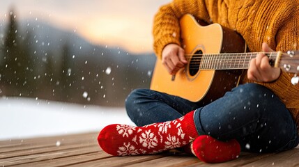 Dreamy visual theme - Cozy Winter Scene: Person Playing Guitar in Snow with Festive Red Socks - surreal emotional atmosphere